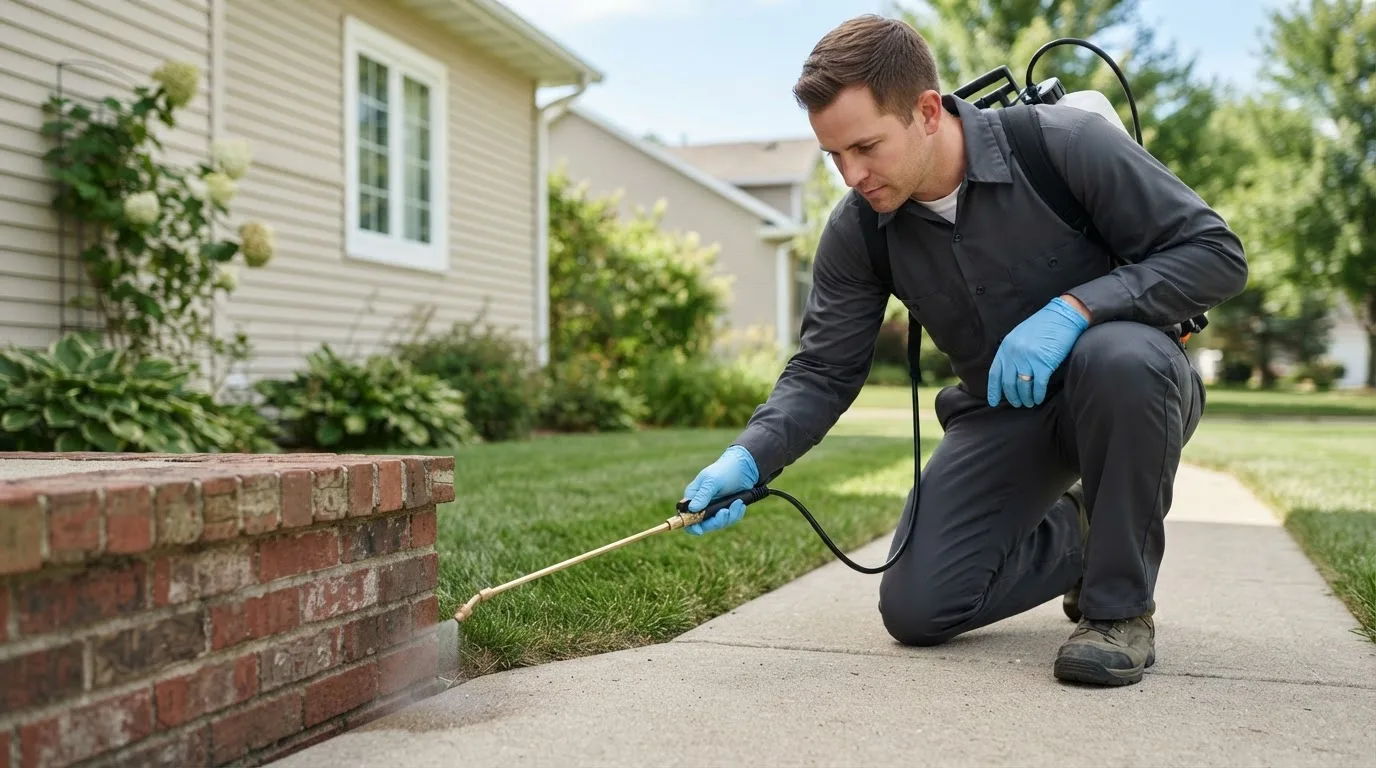 Pest control technician treating a home near Edison, NE