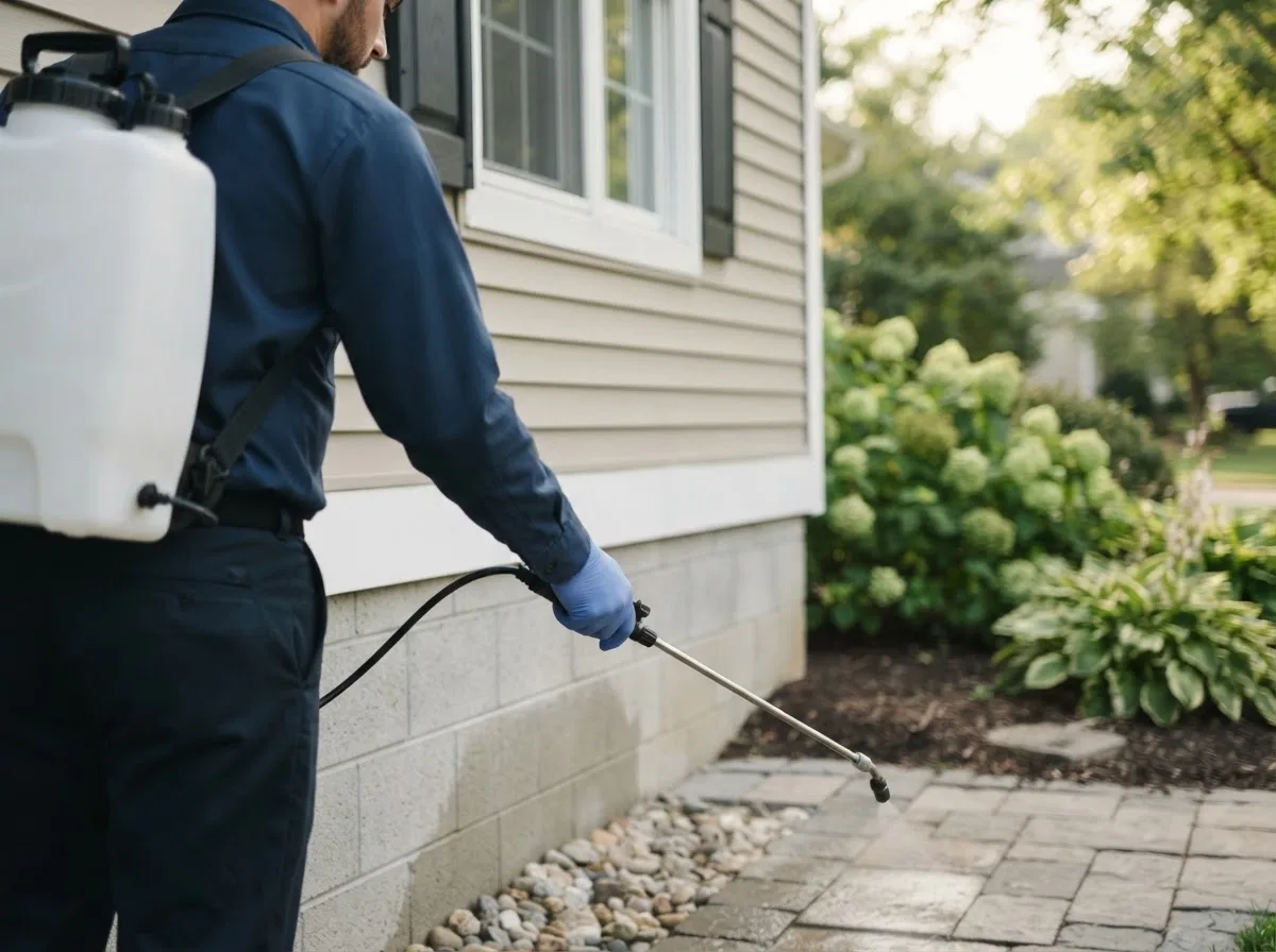 Pest control technician inspecting a home in Edison, NE